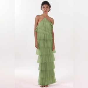 Cocomelody NWT Sheath Evening Dress Green Tiered Tulle Women’s 8 Maxi Sleeveless